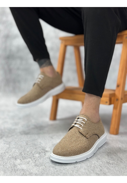 LQZ0003 Bağcıklı Klasik Spor Keten Hardal Beyaz Taban Casual Erkek Ayakkabı