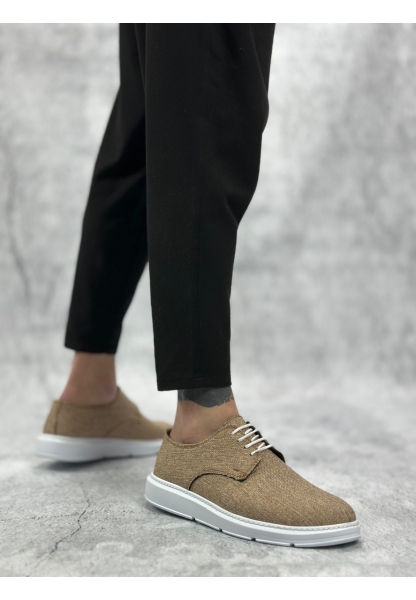 LQZ0003 Bağcıklı Klasik Spor Keten Hardal Beyaz Taban Casual Erkek Ayakkabı