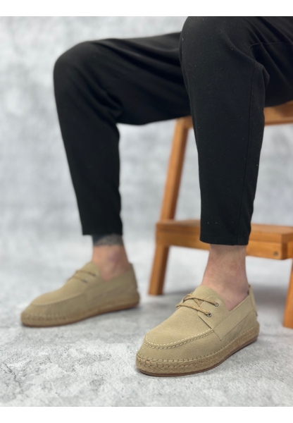 LQZ0358 LQZ Doğal Deri Tozu Bağcıklı Kauçuk El Yapımı Espadril Taban Bej Renk Erkek Ayakkabı