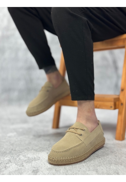 LQZ0358 LQZ Doğal Deri Tozu Bağcıklı Kauçuk El Yapımı Espadril Taban Bej Renk Erkek Ayakkabı