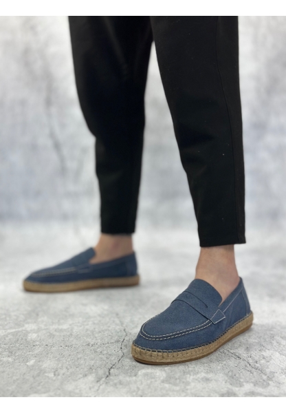 LQZ0358 LQZ Doğal Deri Tozu Bağcıklı Kauçuk El Yapımı Espadril Taban Mavi Renk Erkek Ayakkabı