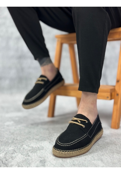 LQZ0358 LQZ Doğal Deri Tozu Bağcıklı Kauçuk El Yapımı Espadril Taban Siyah Renk Erkek Ayakkabı