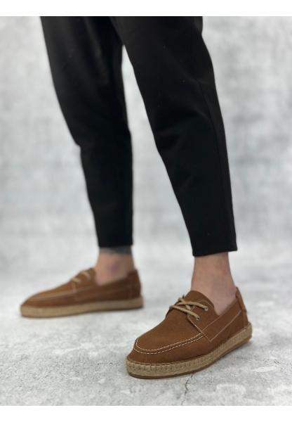 LQZ0358 LQZ Doğal Deri Tozu Bağcıklı Kauçuk El Yapımı Espadril Taban Taba Renk Erkek Ayakkabı