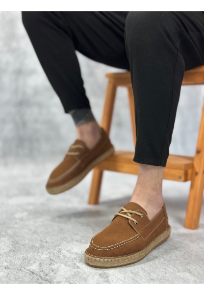 LQZ0358 LQZ Doğal Deri Tozu Bağcıklı Kauçuk El Yapımı Espadril Taban Taba Renk Erkek Ayakkabı