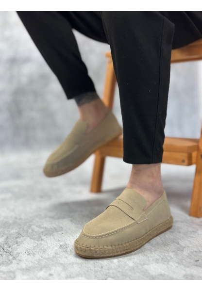 LQZ0359 LQZ Doğal Deri Tozu Bağcıksız Kauçuk El Yapımı Espadril Taban Krem Renk Erkek Ayakkabı