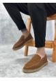 LQZ0359 LQZ Doğal Deri Tozu Bağcıksız Kauçuk El Yapımı Espadril Taban Taba Renk Erkek Ayakkabı