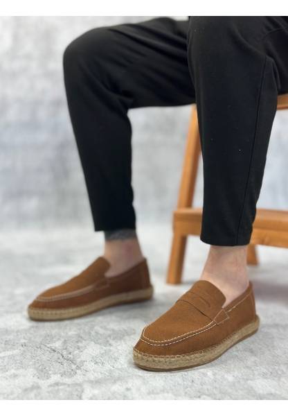 LQZ0359 LQZ Doğal Deri Tozu Bağcıksız Kauçuk El Yapımı Espadril Taban Taba Renk Erkek Ayakkabı