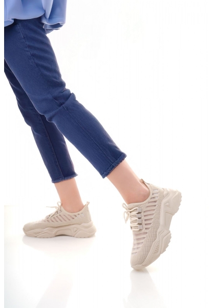 LQZ Shoes Ante Bej Triko Bağcıklı Spor Ayakkabı