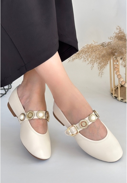 LQZ Shoes Atnis Bej Cilt Babet Ayakkabı