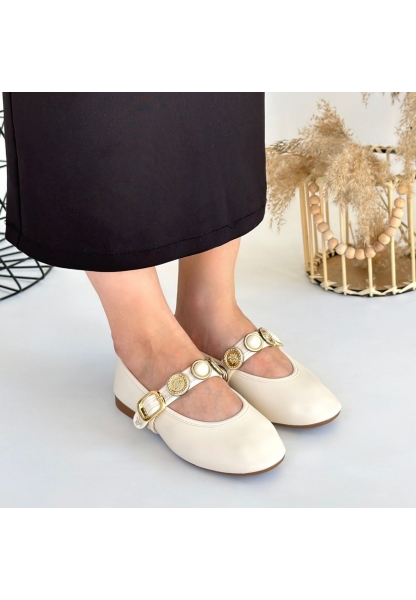 LQZ Shoes Atnis Bej Cilt Babet Ayakkabı