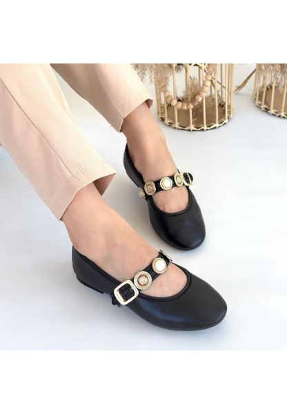 LQZ Shoes Atnis Siyah Cilt Babet Ayakkabı