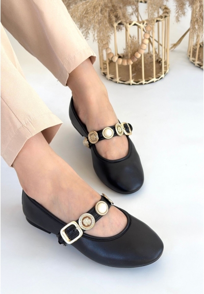 LQZ Shoes Atnis Siyah Cilt Babet Ayakkabı