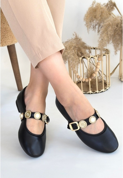 LQZ Shoes Atnis Siyah Cilt Babet Ayakkabı