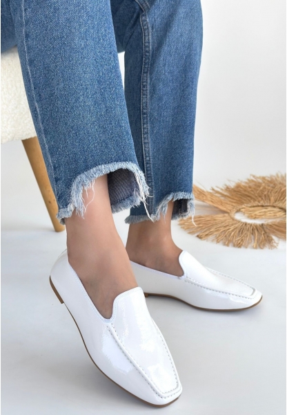 LQZ Shoes Betra Beyaz Rugan Babet Ayakkabı