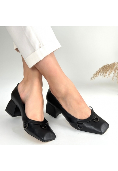 LQZ Shoes Cande Siyah Cilt Topuklu Ayakkabı