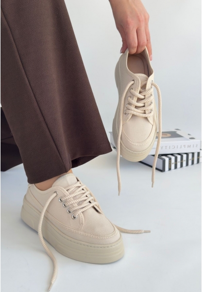 LQZ Shoes Carin Bej Keten Bağcıklı Spor Ayakkabı