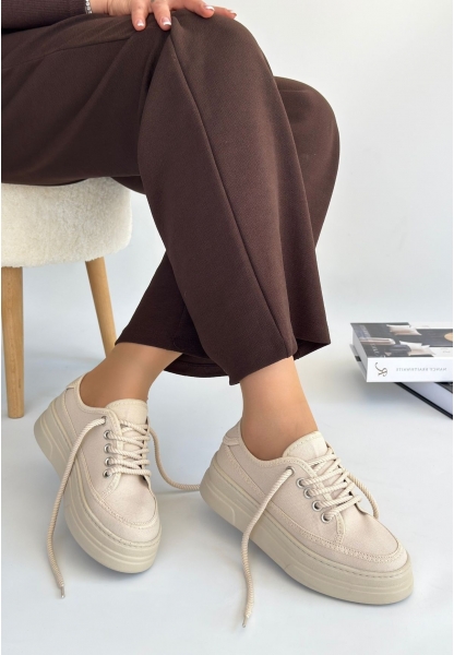LQZ Shoes Carin Bej Keten Bağcıklı Spor Ayakkabı
