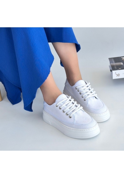 LQZ Shoes Carin Beyaz Keten Bağcıklı Spor Ayakkabı