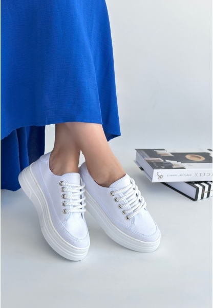 LQZ Shoes Carin Beyaz Keten Bağcıklı Spor Ayakkabı
