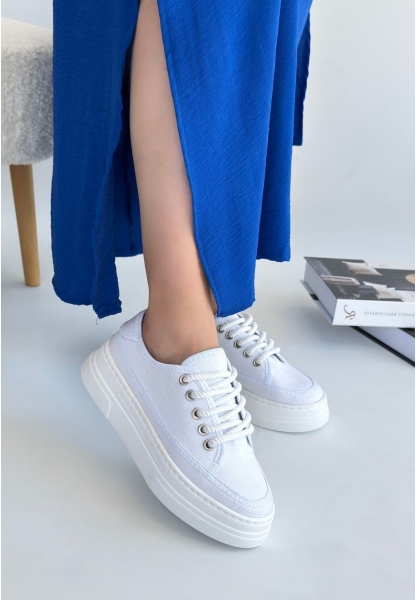 LQZ Shoes Carin Beyaz Keten Bağcıklı Spor Ayakkabı