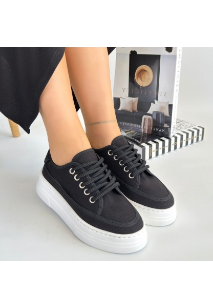 LQZ Shoes Carin Siyah Keten Bağcıklı Spor Ayakkabı