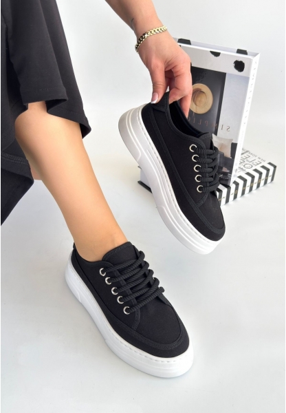 LQZ Shoes Carin Siyah Keten Bağcıklı Spor Ayakkabı