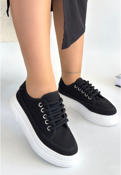 LQZ Shoes Carin Siyah Keten Bağcıklı Spor Ayakkabı