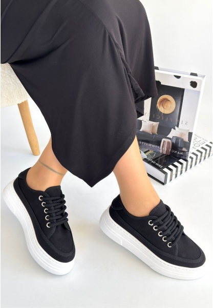 LQZ Shoes Carin Siyah Keten Bağcıklı Spor Ayakkabı