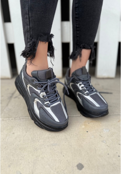 LQZ Shoes Cata Gri Cilt Gümüş Detaylı Spor Ayakkabı