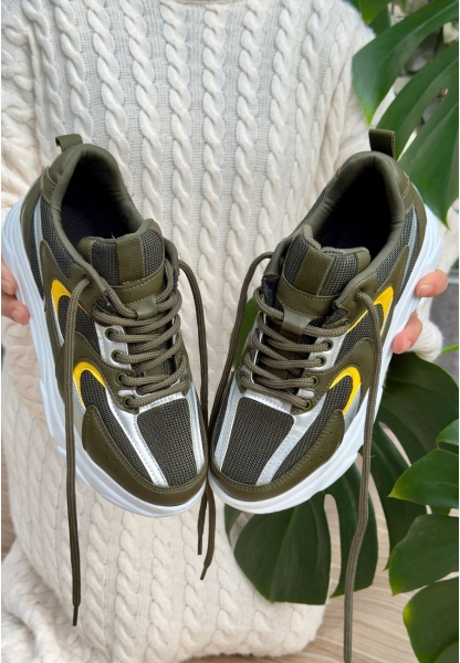 LQZ Shoes Cata Yeşil Cilt Hardal Detaylı Spor Ayakkabı