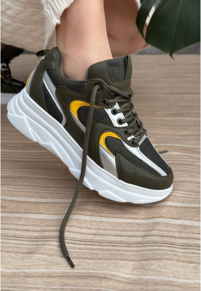 LQZ Shoes Cata Yeşil Cilt Hardal Detaylı Spor Ayakkabı