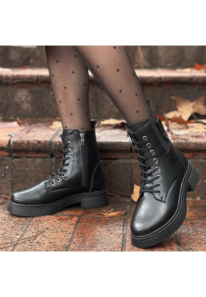 LQZ Shoes Ceprin Siyah Cilt Bağcıklı Bot