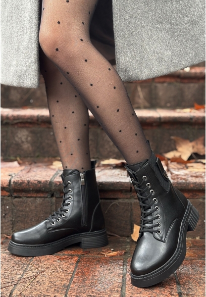 LQZ Shoes Ceprin Siyah Cilt Bağcıklı Bot