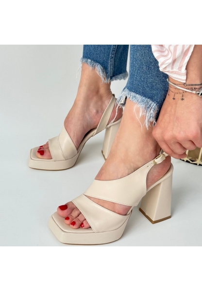 LQZ Shoes Cica Bej Cilt Topuklu Ayakkabı