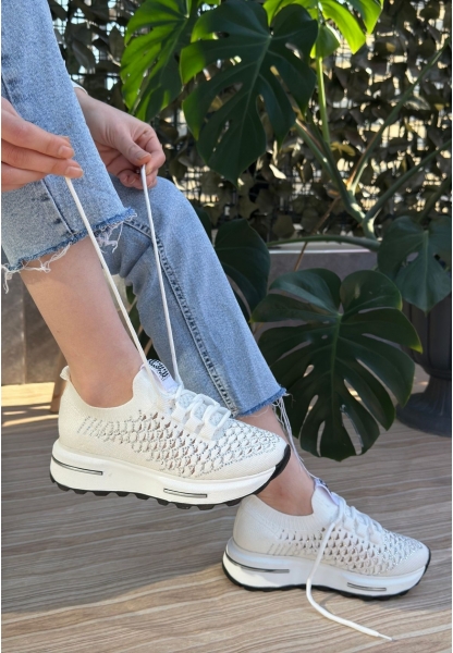 LQZ Shoes Cilla Beyaz Triko Boncuk İşlemeli Spor Ayakkabı