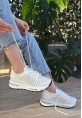 LQZ Shoes Cilla Beyaz Triko Boncuk İşlemeli Spor Ayakkabı