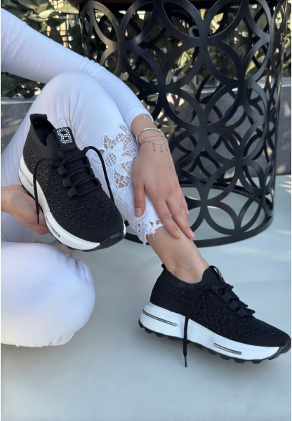 LQZ Shoes Cilla Siyah Triko Boncuk İşlemeli Spor Ayakkabı