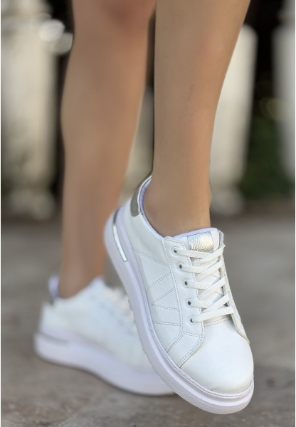 LQZ Shoes Cisay Beyaz Cilt Gri Detaylı Bağcıklı Spor Ayakkabı