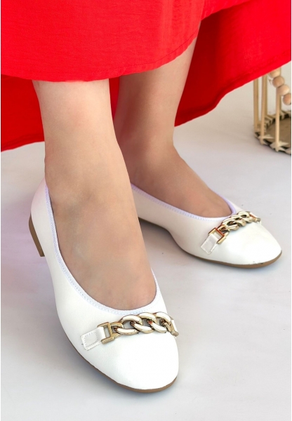 LQZ Shoes Cleo Beyaz Cilt Babet Ayakkabı