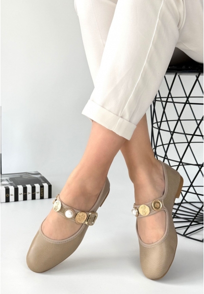 LQZ Shoes Copte Bej Cilt Babet Ayakkabı