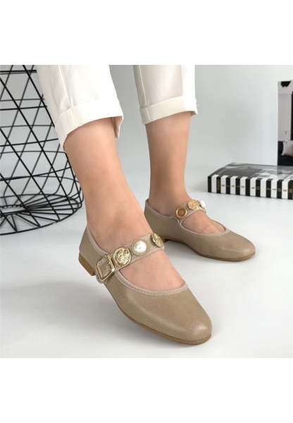 LQZ Shoes Copte Bej Cilt Babet Ayakkabı