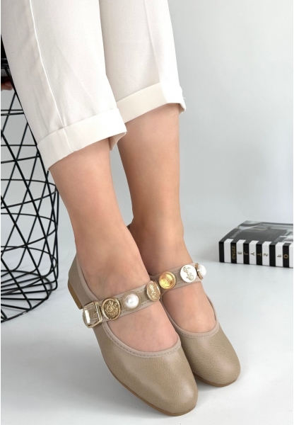 LQZ Shoes Copte Bej Cilt Babet Ayakkabı