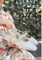 LQZ Shoes Daisy Bej Saten Boncuk İşlemeli Sandalet