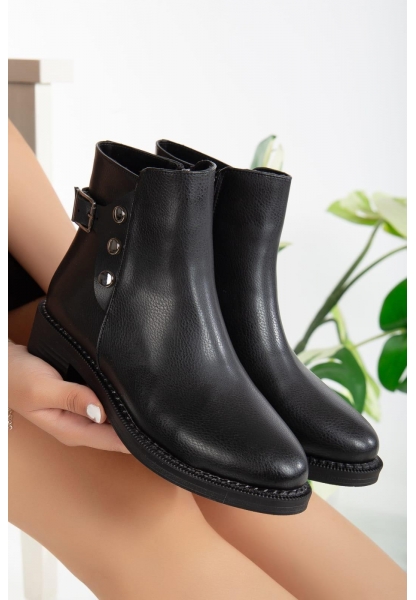 LQZ Shoes Diali Siyah Cilt Topuklu Bot