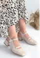 LQZ Shoes Doran Bej Cilt Topuklu Ayakkabı