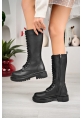 LQZ Shoes Dorin Siyah Cilt Bağcıklı Çizme