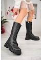 LQZ Shoes Dorin Siyah Cilt Bağcıklı Çizme