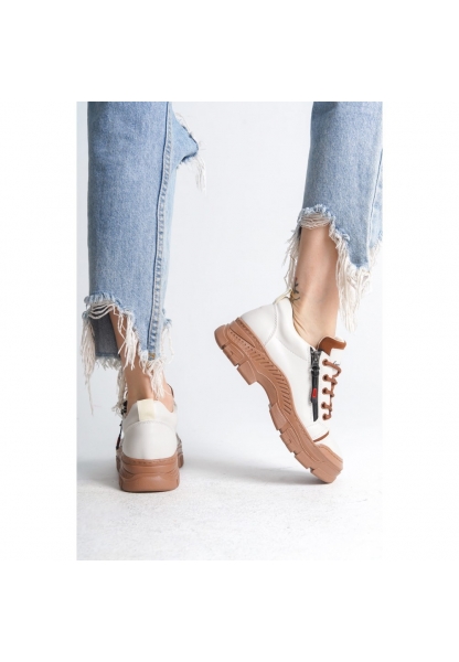 LQZ Shoes Elwa Bej Cilt Taba Tabanlı Bağcıklı Spor Ayakkabı