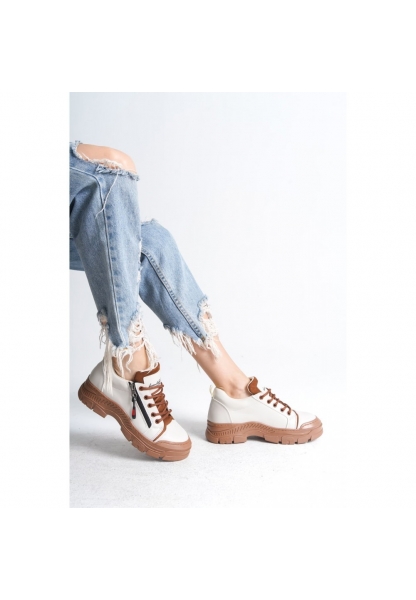 LQZ Shoes Elwa Bej Cilt Taba Tabanlı Bağcıklı Spor Ayakkabı