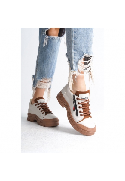 LQZ Shoes Elwa Bej Cilt Taba Tabanlı Bağcıklı Spor Ayakkabı